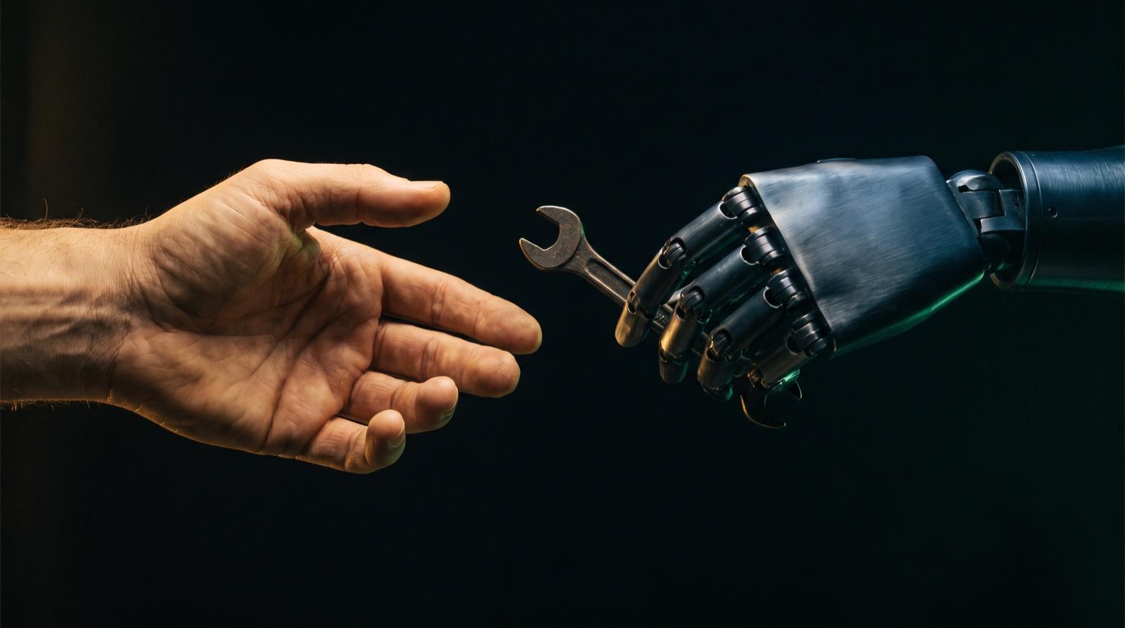 A human hand lit in warm gold reaching toward a dark mechanical armature offering a tool