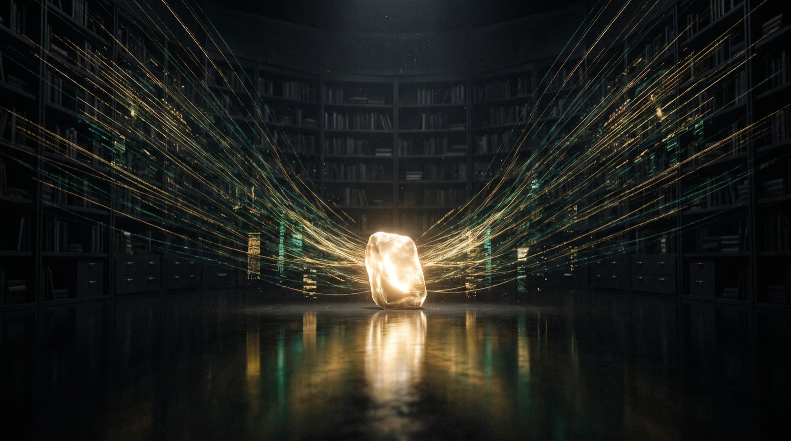 Fine gold filaments of data streaming inward from darkness and condensing into a single dense ingot of warm light