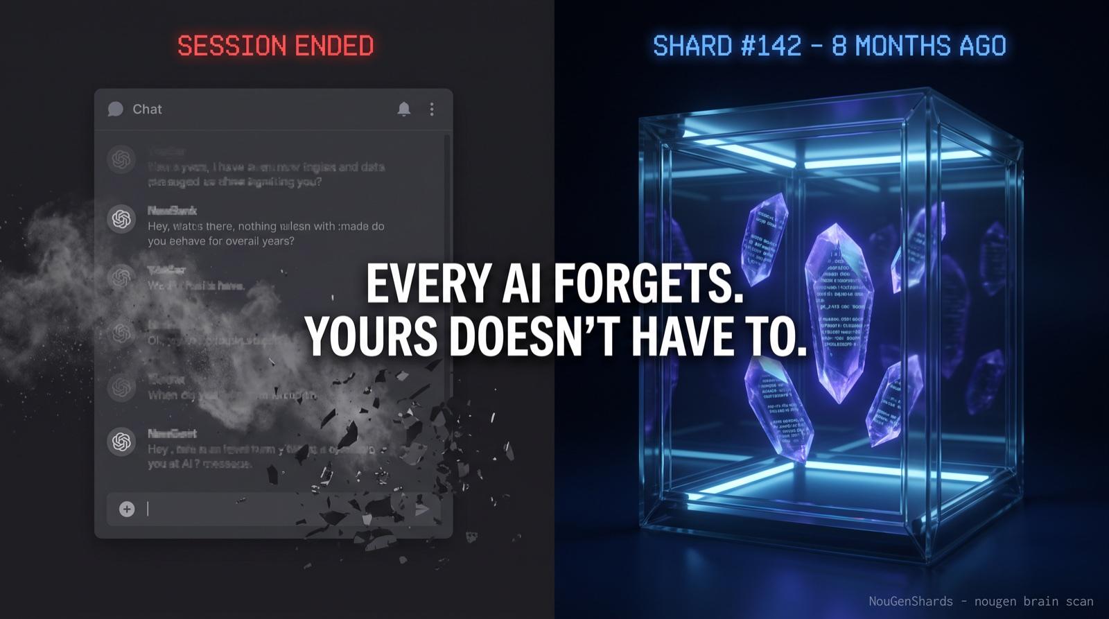 Split image: a chat window dissolving into ash beside the same content preserved as glowing shards